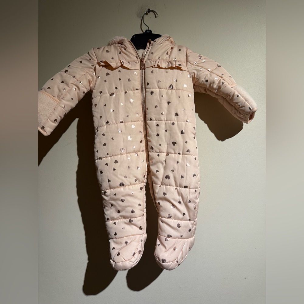 Kensie Girl Full Body Fleece Lined Cream / Peach Pink Floral Puffer Snowsuit